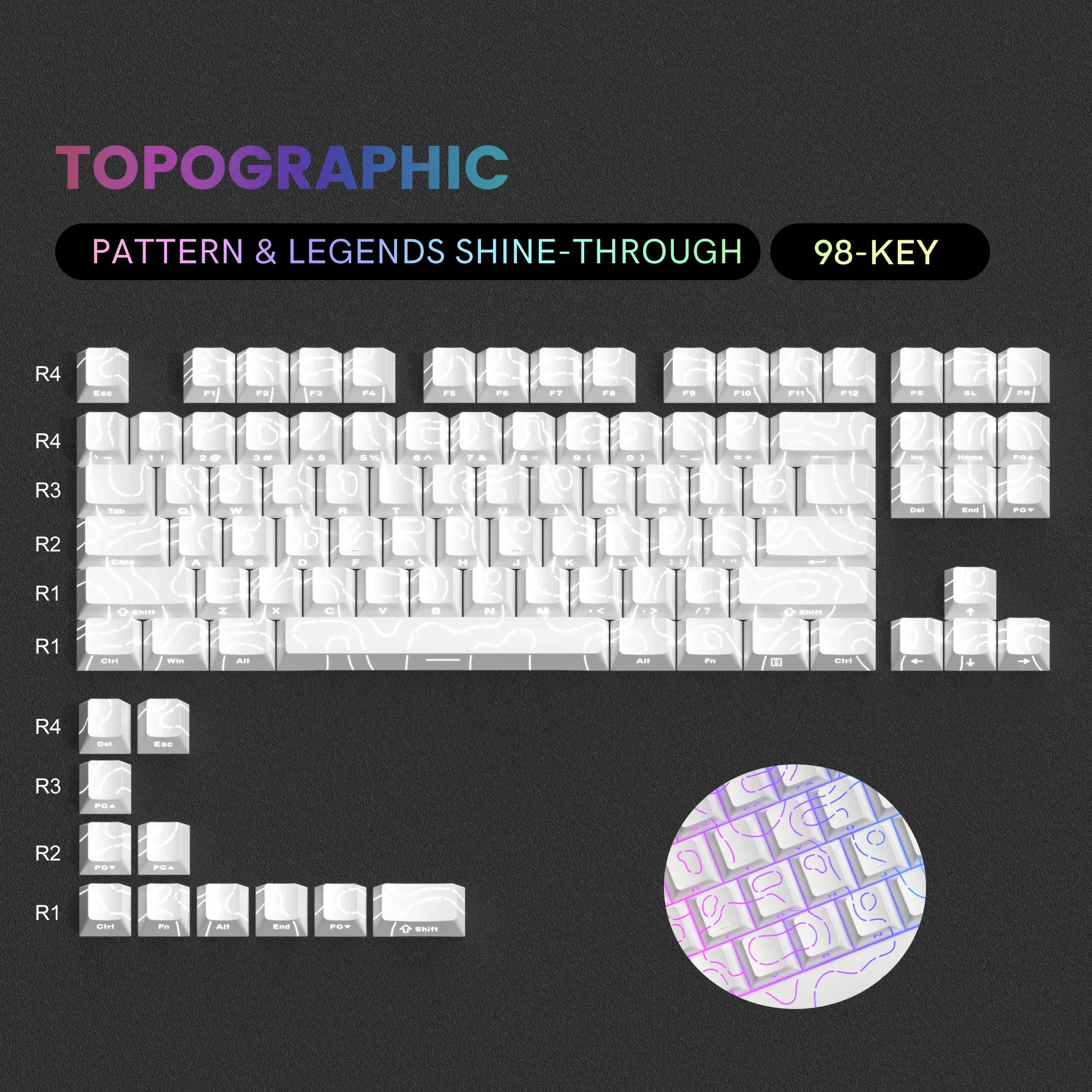 98 Key White Topographic 4.0 PBT Keycaps Double Shot Side Print Shine - Image 2