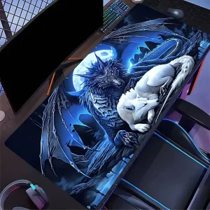 XXL Moonlit Wolf And Dragon Gaming Mouse Pad 35.4x15.7 Inches Non-Slip Desk Mat