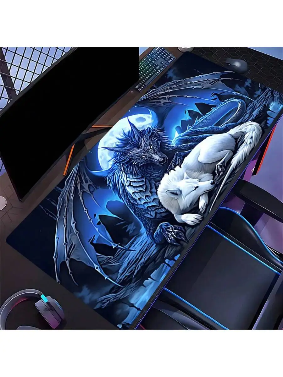 XXL Moonlit Wolf And Dragon Gaming Mouse Pad 35.4x15.7 Inches Non-Slip Desk Mat - Image 1