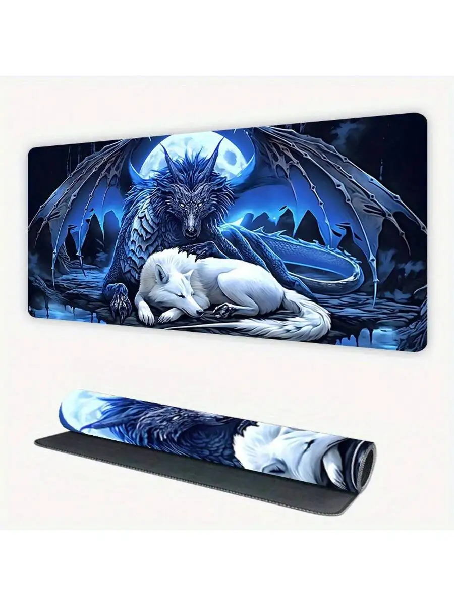 XXL Moonlit Wolf And Dragon Gaming Mouse Pad 35.4x15.7 Inches Non-Slip Desk Mat - Image 3