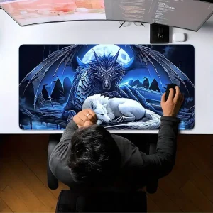 XXL Moonlit Wolf And Dragon Gaming Mouse Pad 35.4x15.7 Inches Non-Slip Desk Mat - Thumbnail Image 5