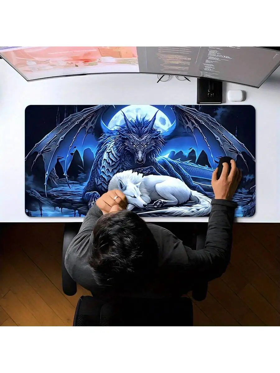 XXL Moonlit Wolf And Dragon Gaming Mouse Pad 35.4x15.7 Inches Non-Slip Desk Mat - Image 5