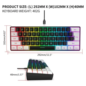 USB Wired Gaming Keyboard 61 Keys Compact Mini Office Keyboard for PC and Desktop Computer - Thumbnail Image 6