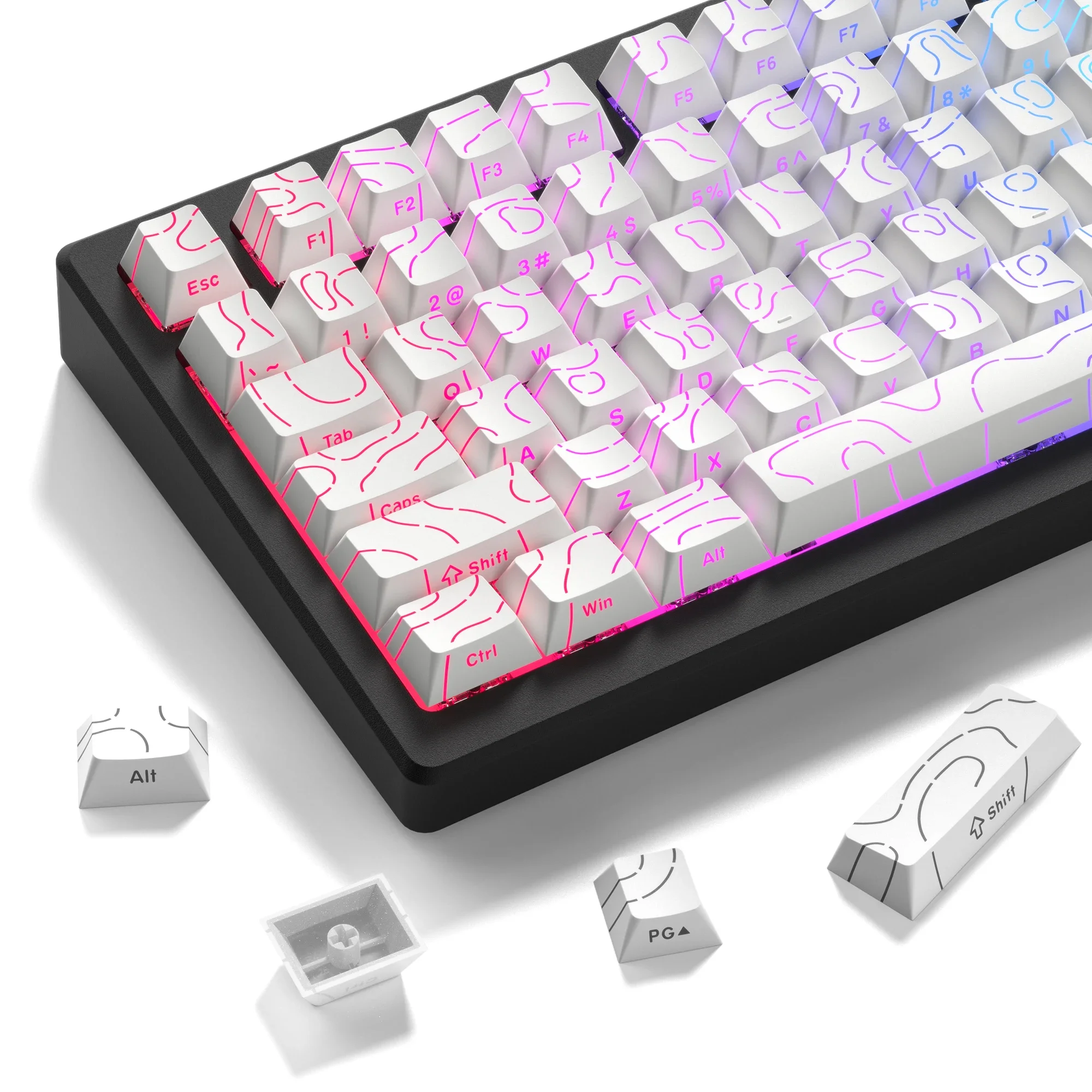 98 Key White Topographic 4.0 PBT Keycaps Double Shot Side Print Shine - Image 1