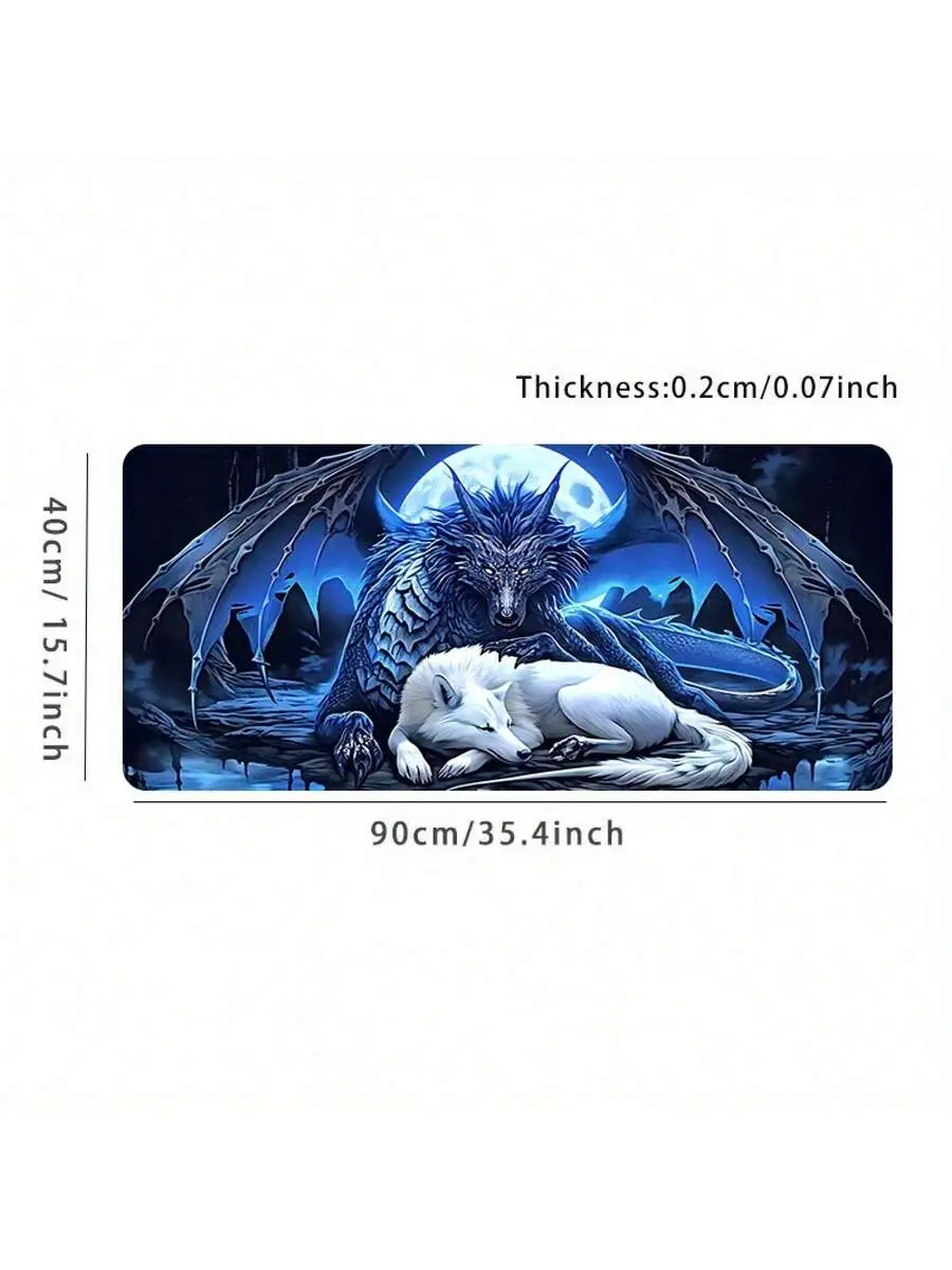 XXL Moonlit Wolf And Dragon Gaming Mouse Pad 35.4x15.7 Inches Non-Slip Desk Mat - Image 2