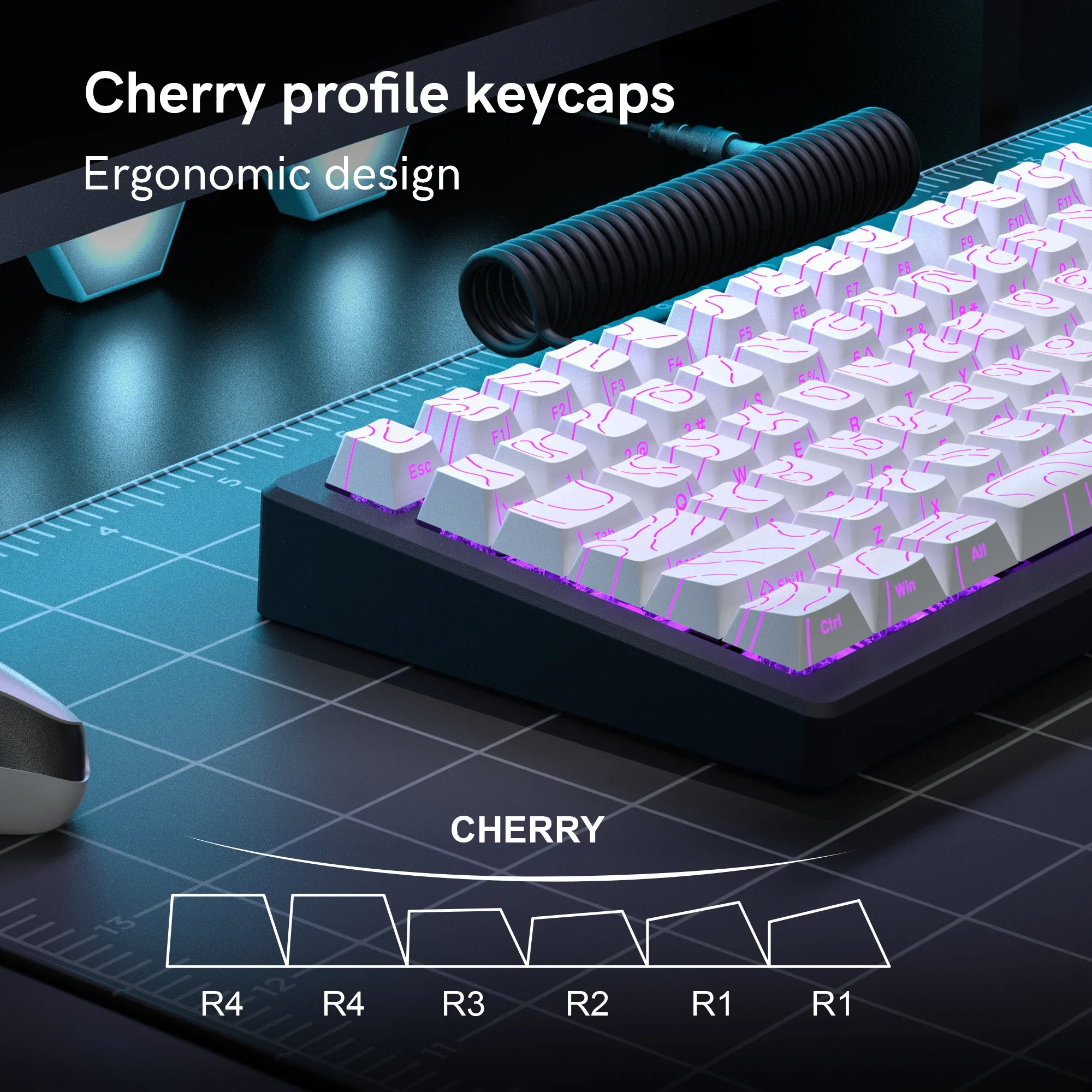 98 Key White Topographic 4.0 PBT Keycaps Double Shot Side Print Shine - Image 4